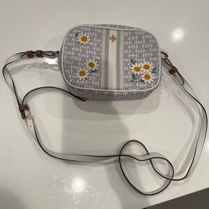 Tory Burch White Canvas Daisy-Embroidered Crossbody